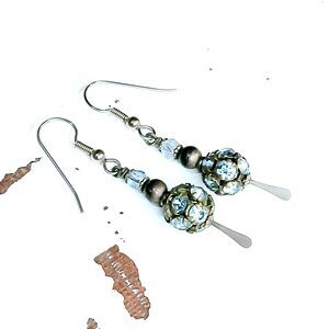 Vintage Handmade Blue & Silver Rhinestone Dangle Earrings, 2"